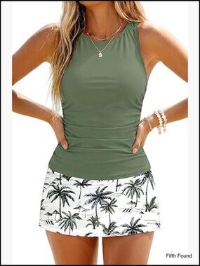 Two Piece Tankini Swim Set with Skirt - Tummy Control High Neck Swimwear